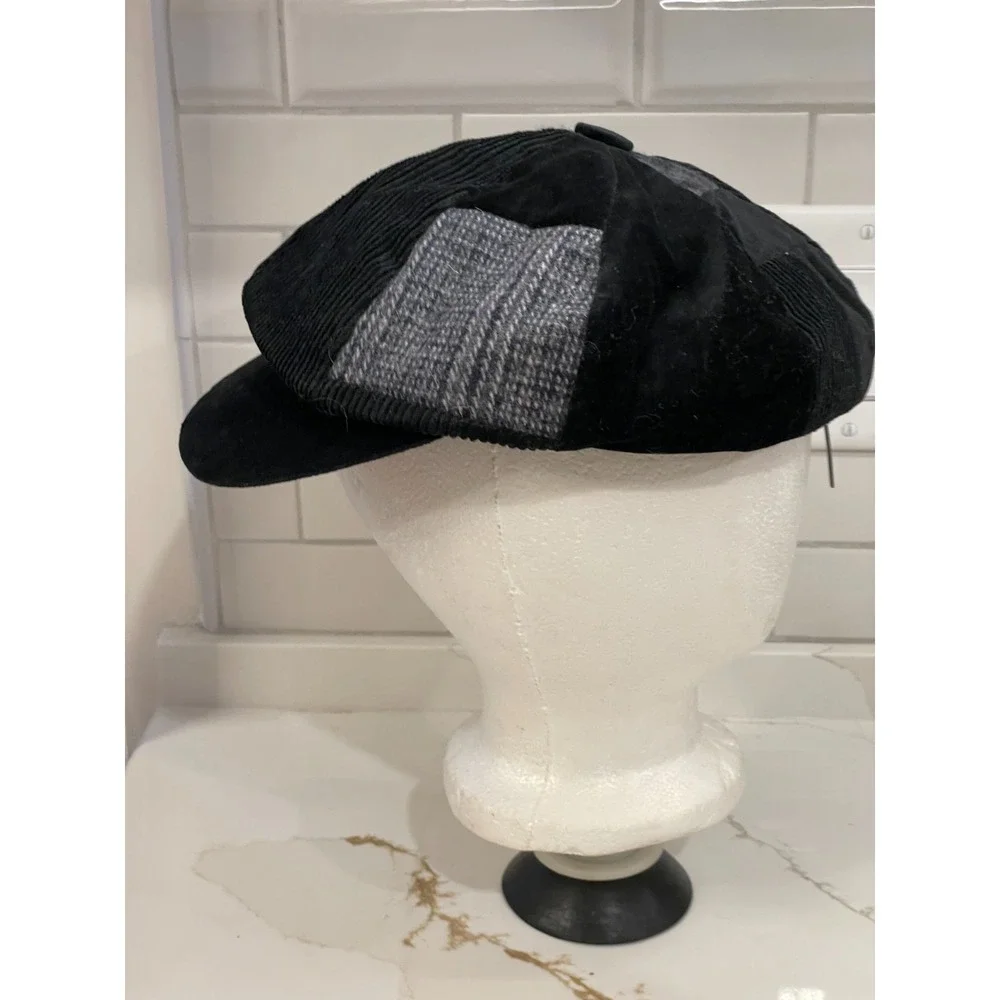 Vintage Y2K Patchwork Newsboy Hat Cap Women Corduroy Tweed Black Wool Cotton New